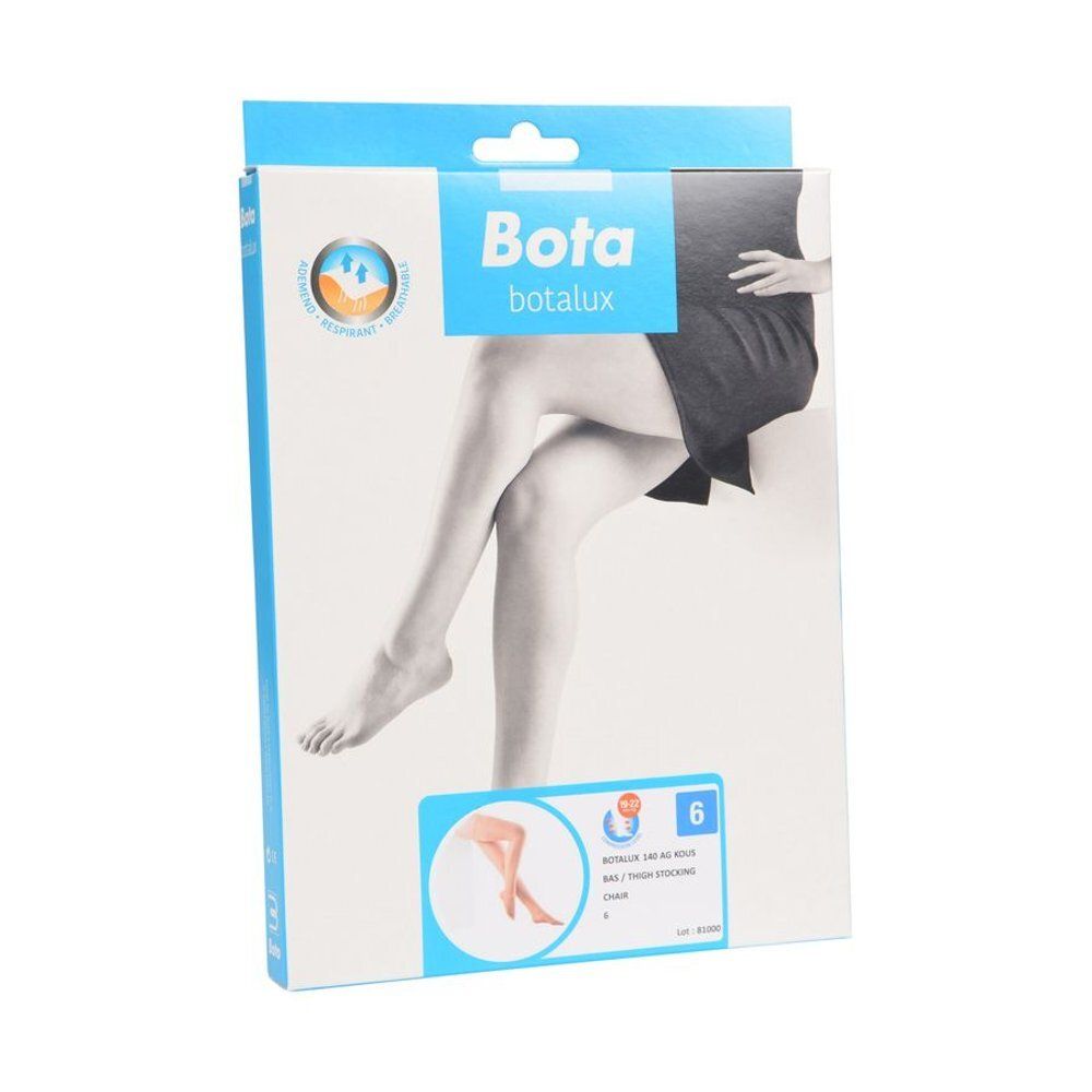 Huidkleurige Botalux 140 steunkousen. Kousen tot de dij. Beige. Zijaanzicht van de benen van een persoon.