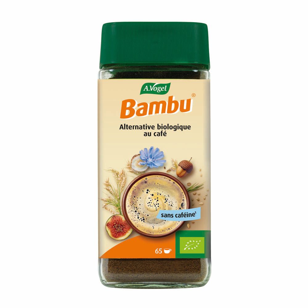 A. Vogel Bambu, alternative biologique au café sans caféine, pot 100g. Illustration de café et ingrédients.