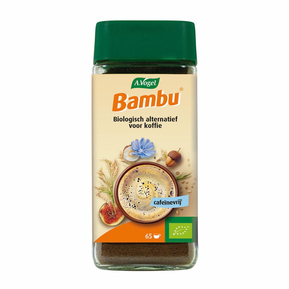 A. Vogel Bambu, biologisch alternatief voor koffie cafeïnevrij, pot 100g. Illustratie van koffie en ingrediënten.