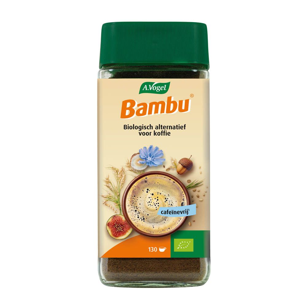 A.Vogel Bambu Instant koffievervanger, pot 200g. Afbeelding van koffie, vijg en granen.