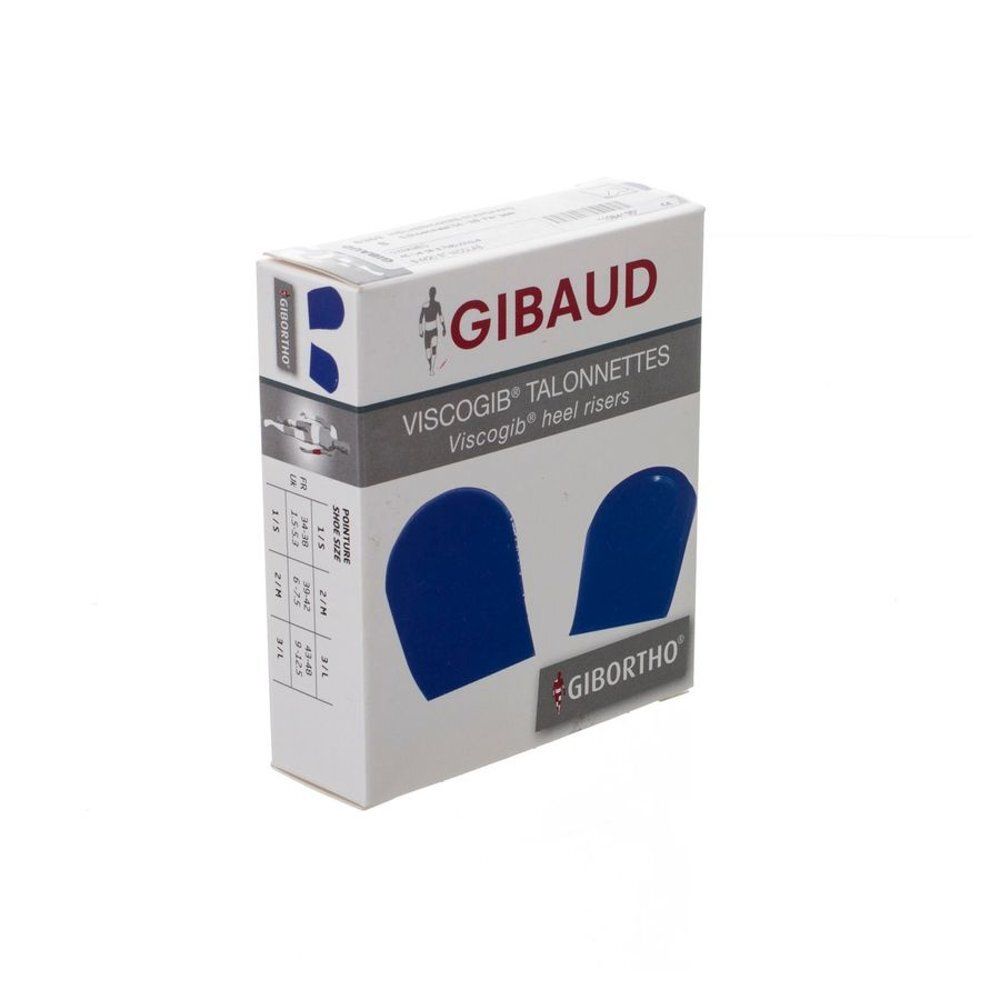 Verpakking met blauwe Viscogib hielverhogers. Opschrift: GIBO, Viscogib Talonnettes, hielverhogers. Maat 34-38.