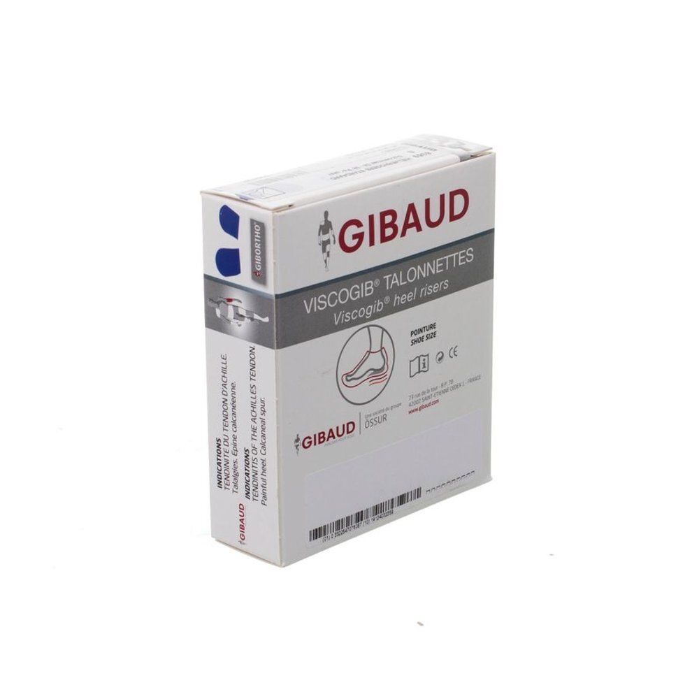 Verpakking met Viscogib hielverhogers. Opschrift: GIBO, Viscogib Talonnettes, hielverhogers. Illustratie van een voet.