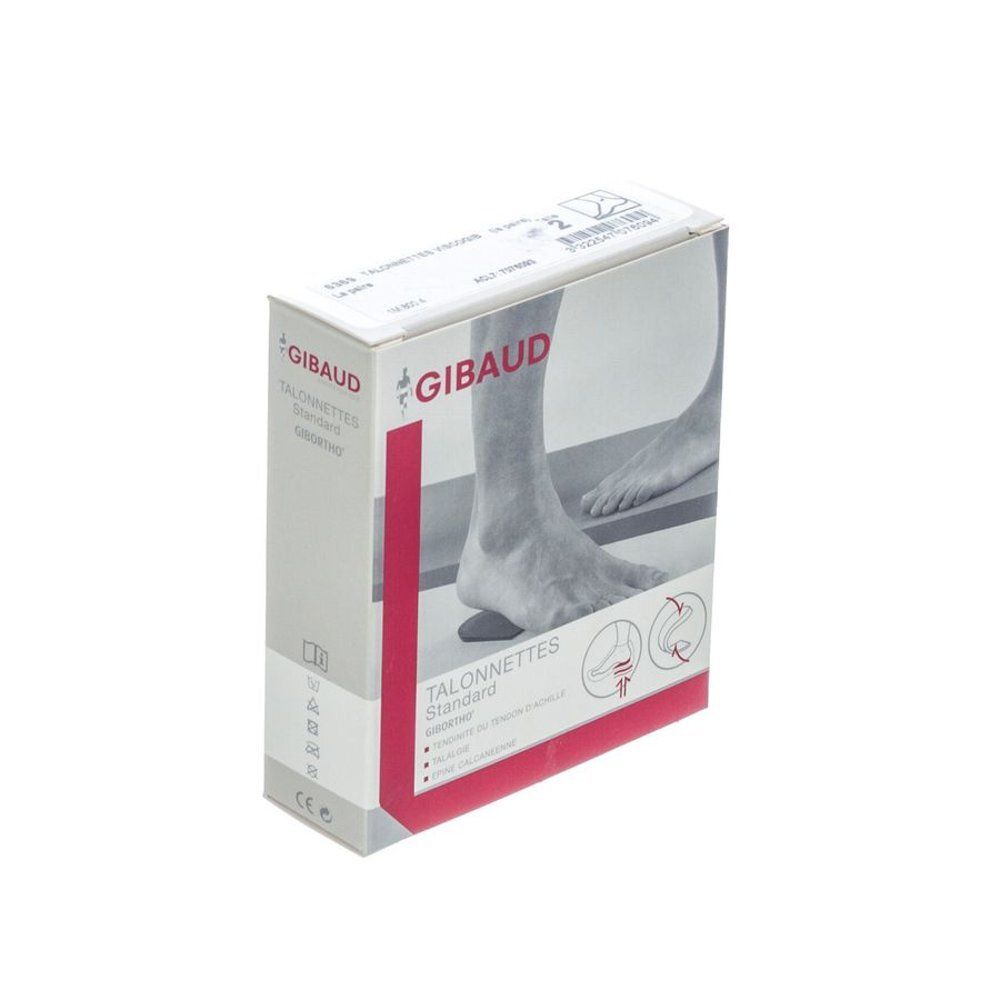 Verpakking van Gibaud hielverhogers. Tekst: Talonnettes Standard. Illustratie van een voet op een hielverhoger. Witte achtergrond.