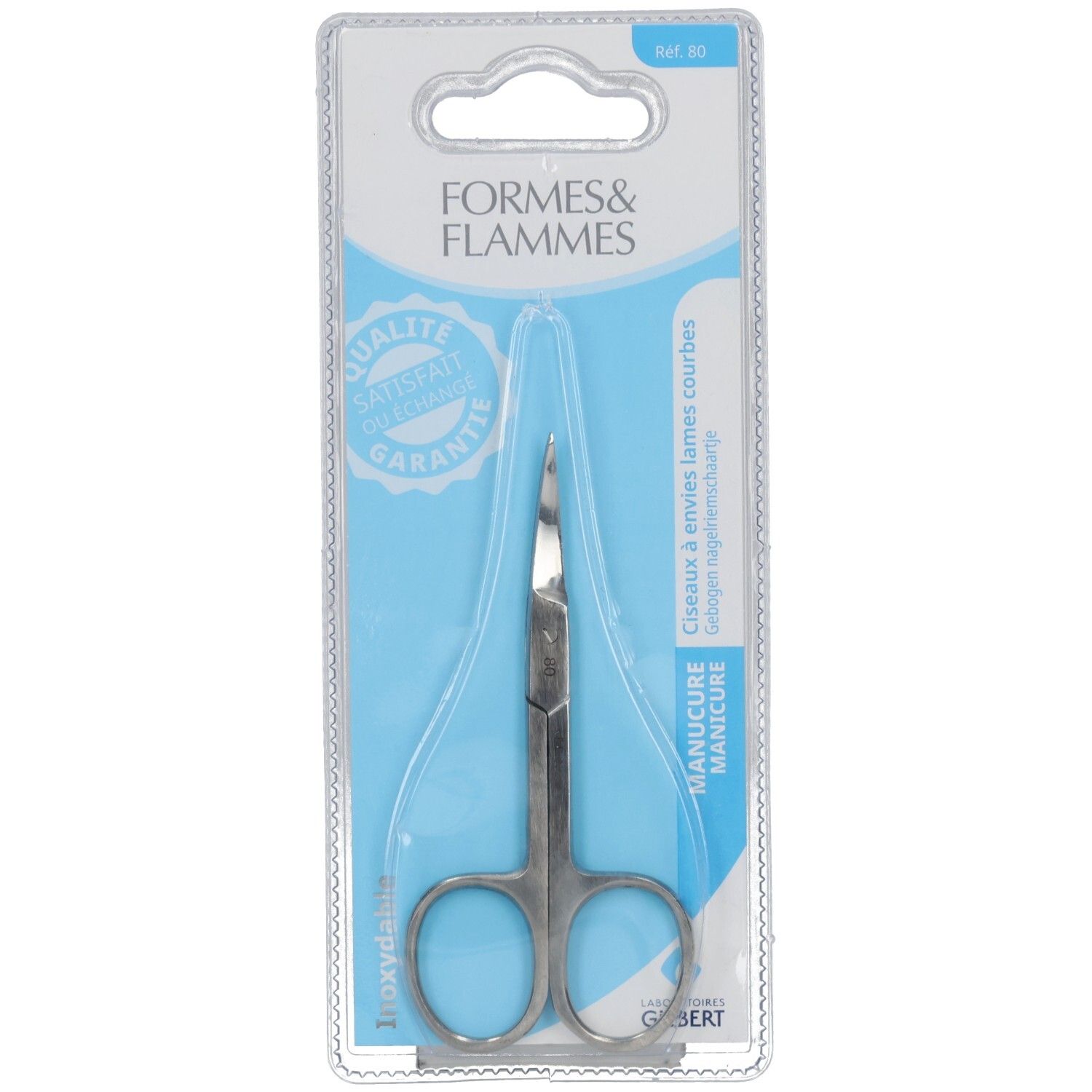 Ciseaux à ongles en emballage blister. Marque Formes & Flammes. Acier inoxydable. Sceau Qualité Garantie. Texte: Inox. Lames arrondies.
