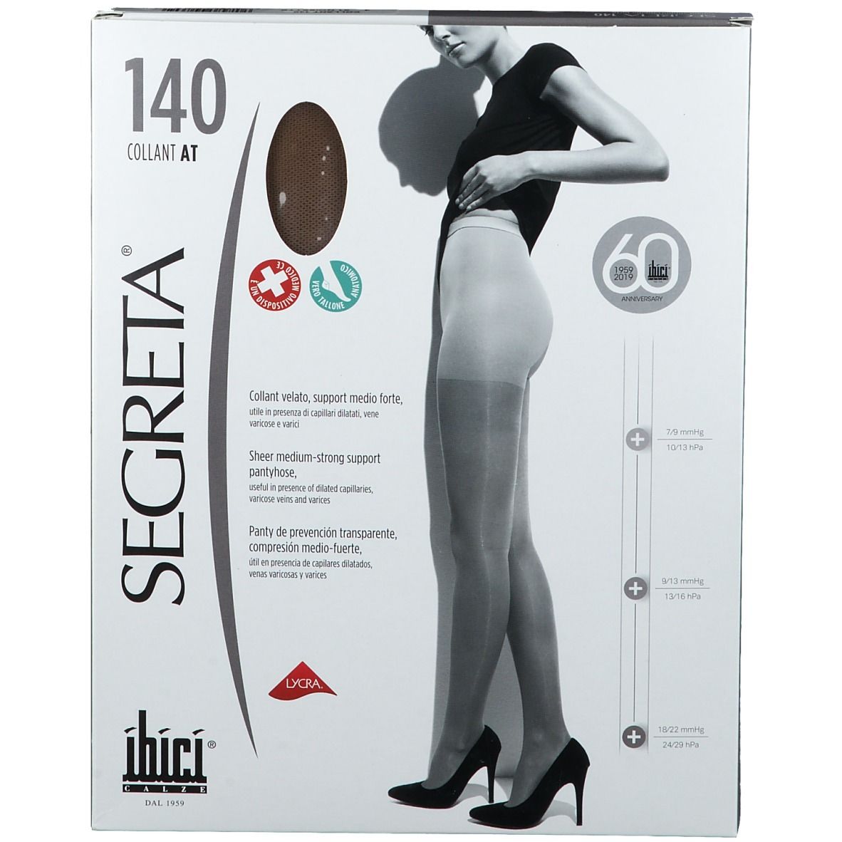 Verpakking van Segreta 140 panty. Afbeelding van een vrouw met panty. Tekst: Collant velouté, support moyen.