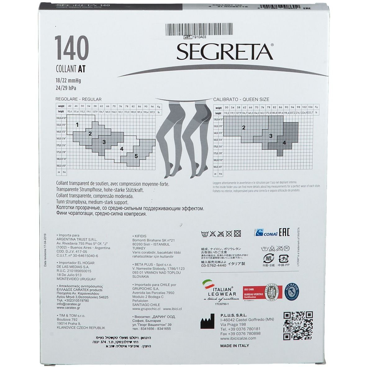 Achterkant van de verpakking. Tekst: Segreta 140 Collant AT. Diagrammen en informatie over de panty.