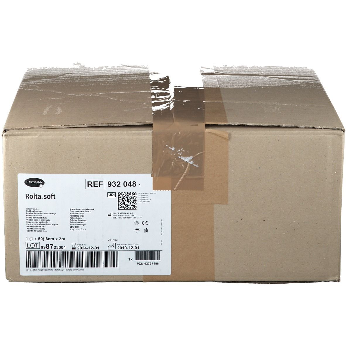 Boîte en carton avec étiquette produit. Étiquette avec nom du produit Rolta.soft, numéro de référence, numéro de lot et date d'expiration.