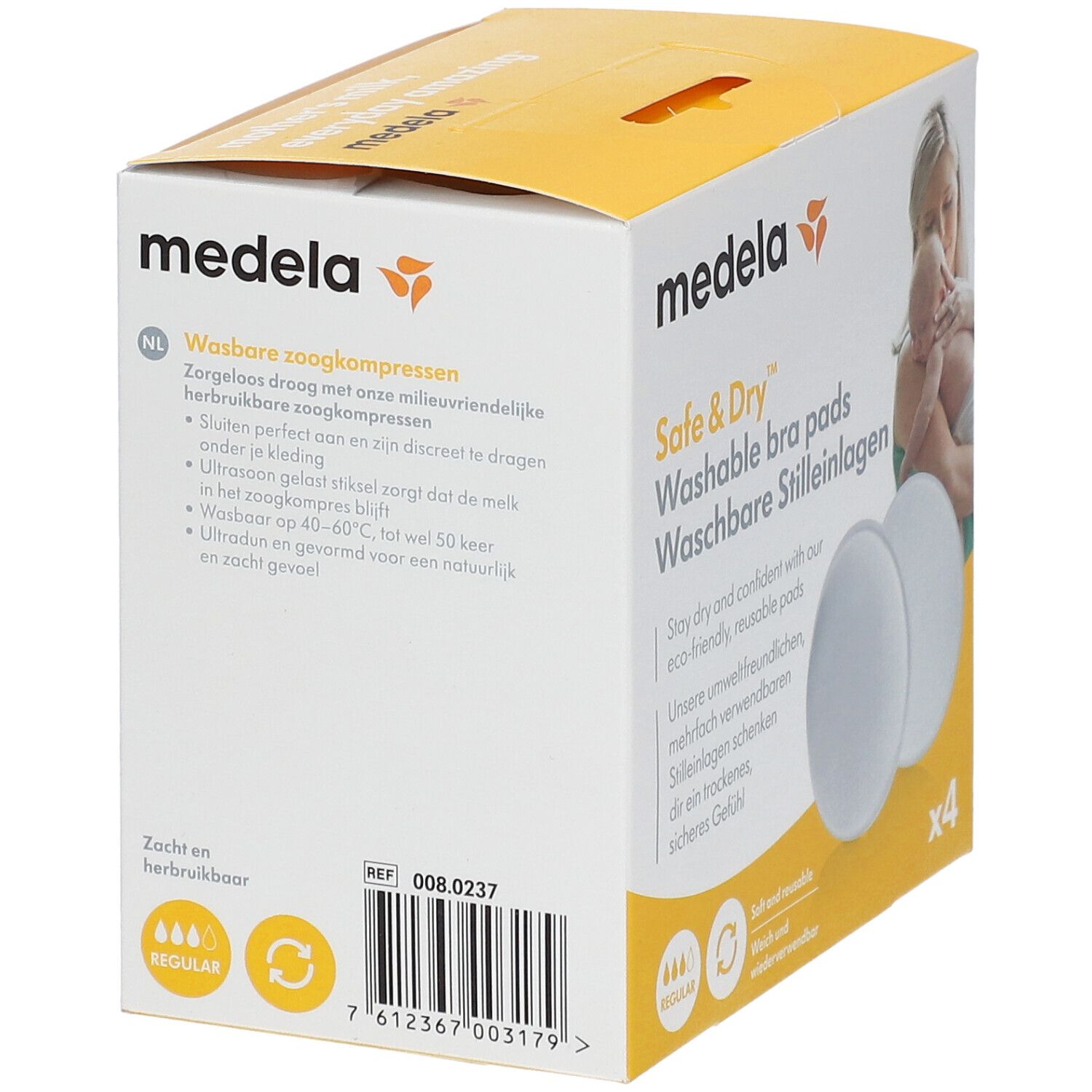 Boîte Medela Safe & Dry de coussinets d'allaitement lavables, lot de quatre.