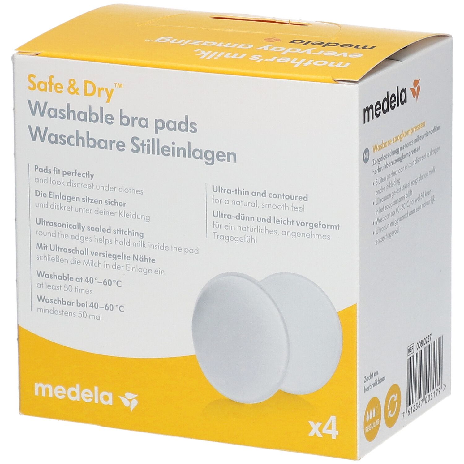 Emballage de coussinets d'allaitement lavables Medela, quatre pièces. Coussinets blancs et ronds.