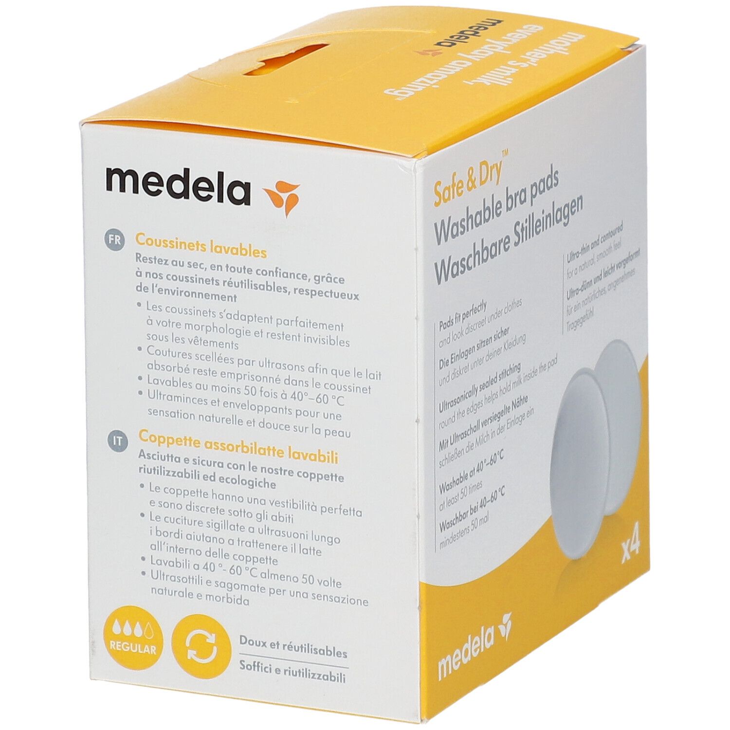 Boîte de 4 coussinets d'allaitement lavables Medela "Safe & Dry".