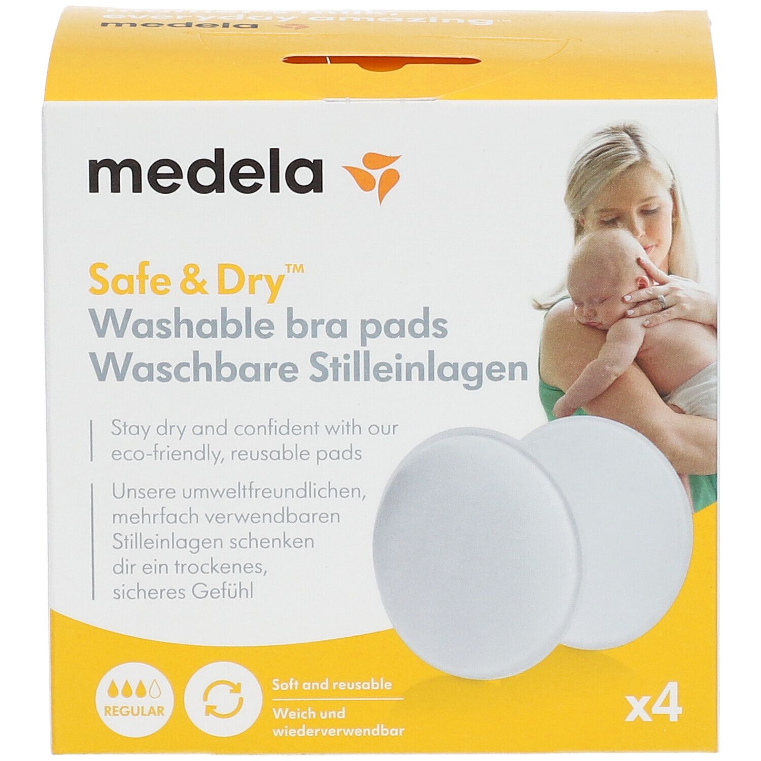 Emballage Medela Safe & Dry de coussinets d'allaitement lavables, lot de quatre.