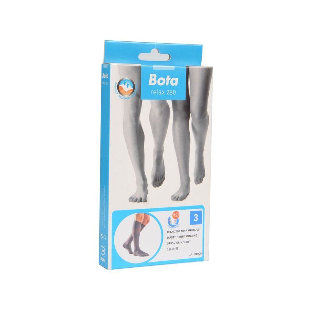 Boîte de bas genou Bota relax 280 gris. Marque et nom du produit clairement visibles. Taille 3.