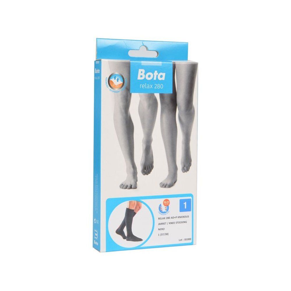 Bota relax 280 AD +P, maat 1 (37/38), in verpakking. Zwart. Afbeelding van benen op de verpakking.