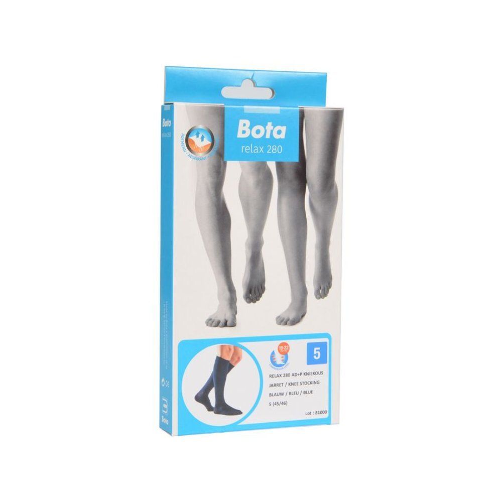 Verpakking met kniekousen. Opschrift: Bota Relax 280, blauwe kousen. Productnaam en kleur zichtbaar.