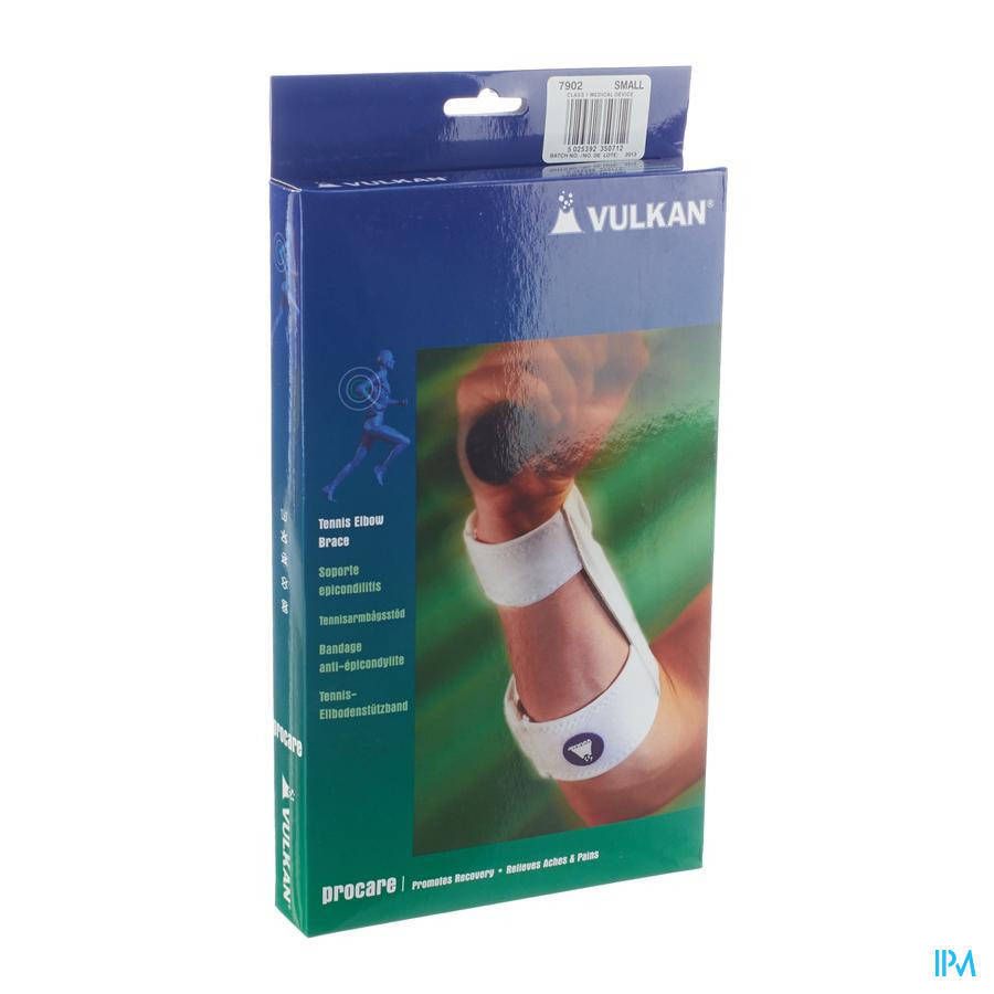 Verpakking met tenniselleboogbrace. Merk Vulkan. Afbeelding van een arm met brace. Blauwe en groene kleuren.