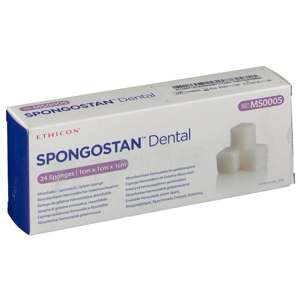 Verpakking van Ethicon Spongostan Dental. Bevat 24 sponzen van 1x1x1 cm. Productnaam en merk duidelijk zichtbaar.