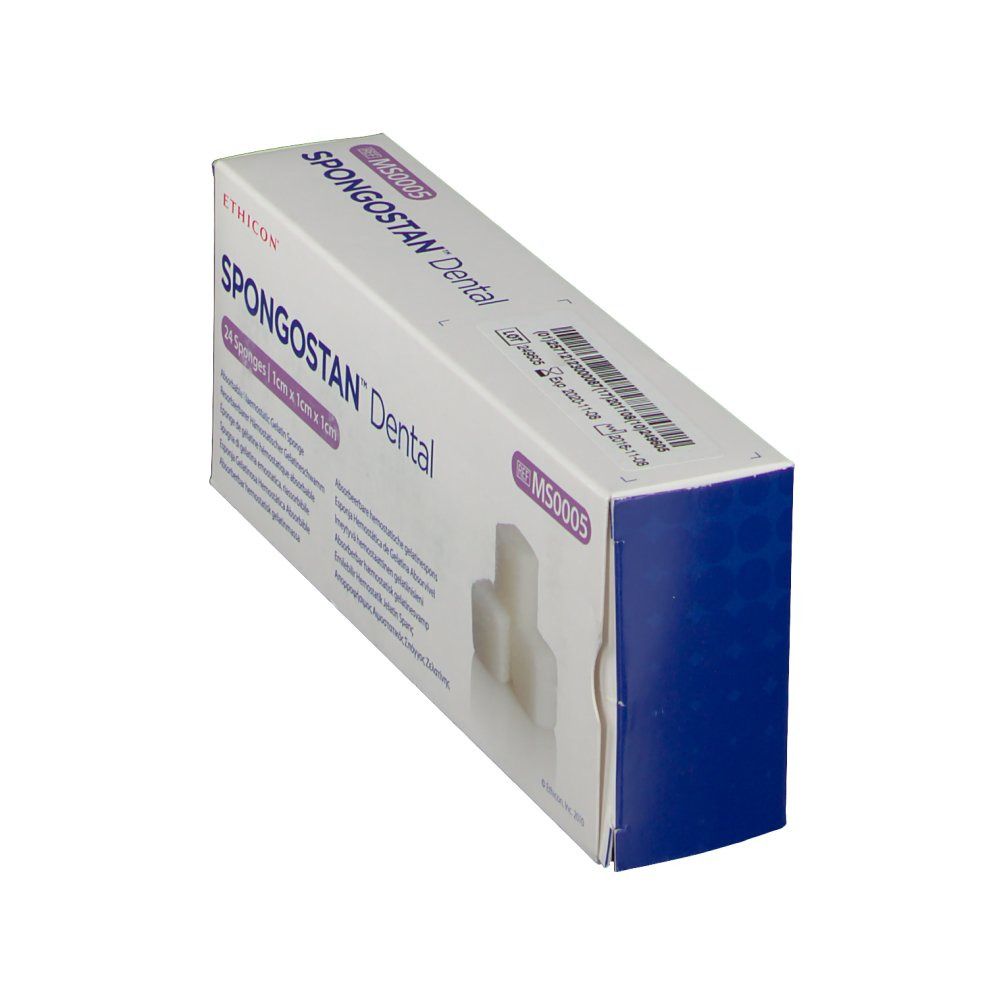 Schuin geplaatste verpakking van Ethicon Spongostan Dental. Productnaam en merk zichtbaar. Bevat 24 sponzen.