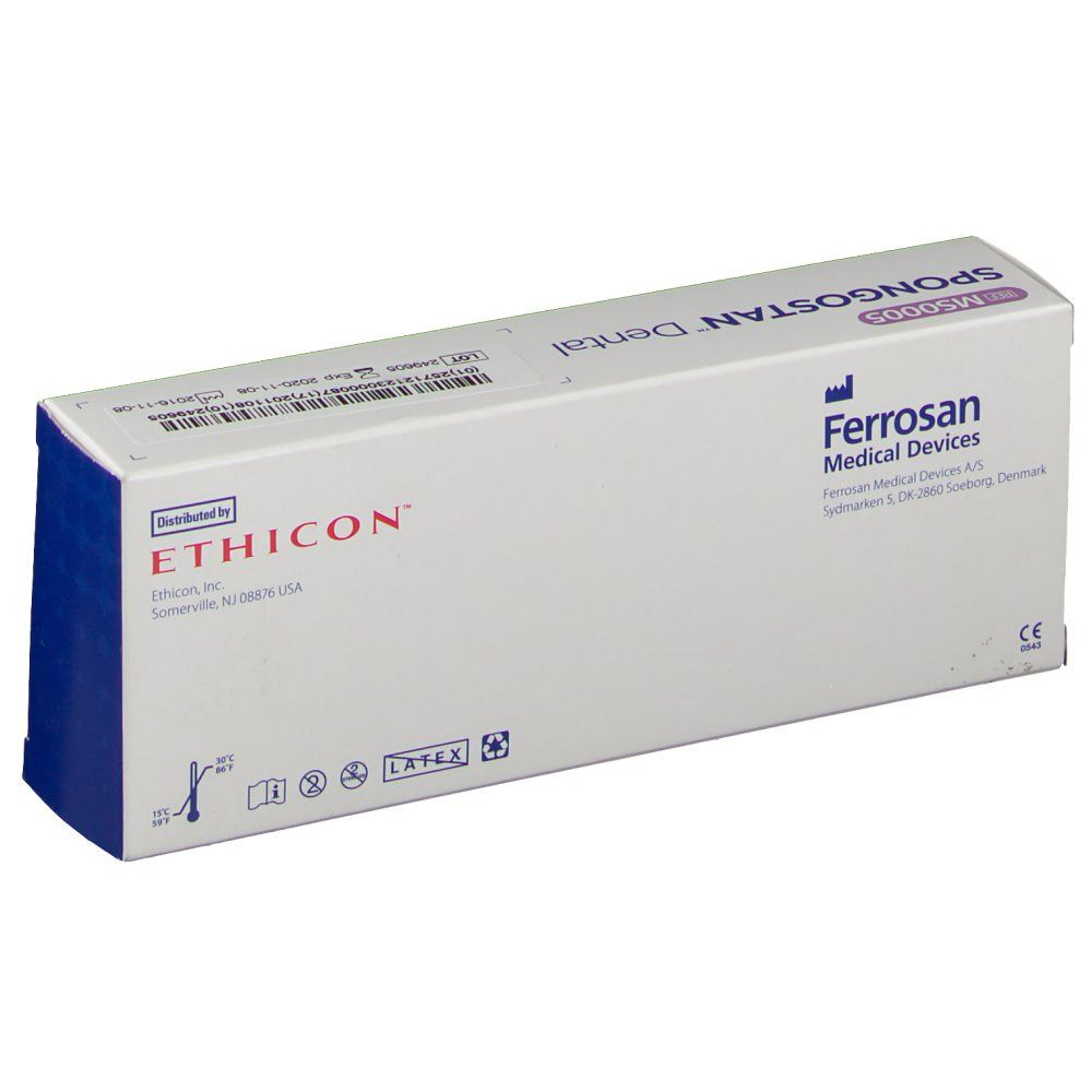 Verpakking van Ferrosan Medical Devices. Bevat Ethicon producten. Productnaam en merk zichtbaar. Blauwe accenten.