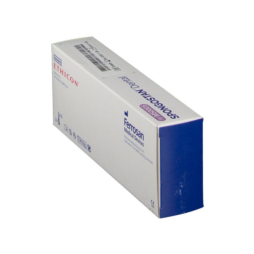 Schuin geplaatste verpakking van Ferrosan Medical Devices. Bevat Ethicon producten. Blauwe accenten. Merk zichtbaar.