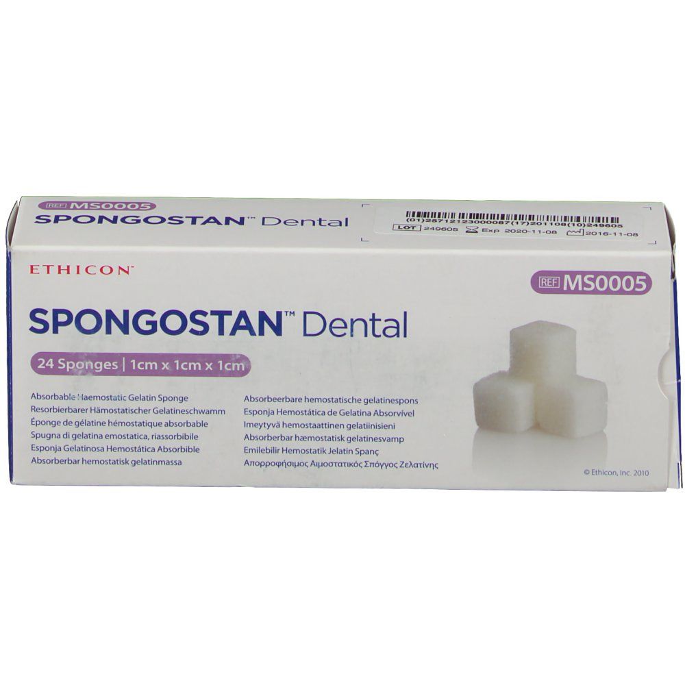 Verpakking van Ethicon Spongostan Dental. Bevat 24 sponzen van 1x1x1 cm. Productnaam en merk duidelijk zichtbaar.