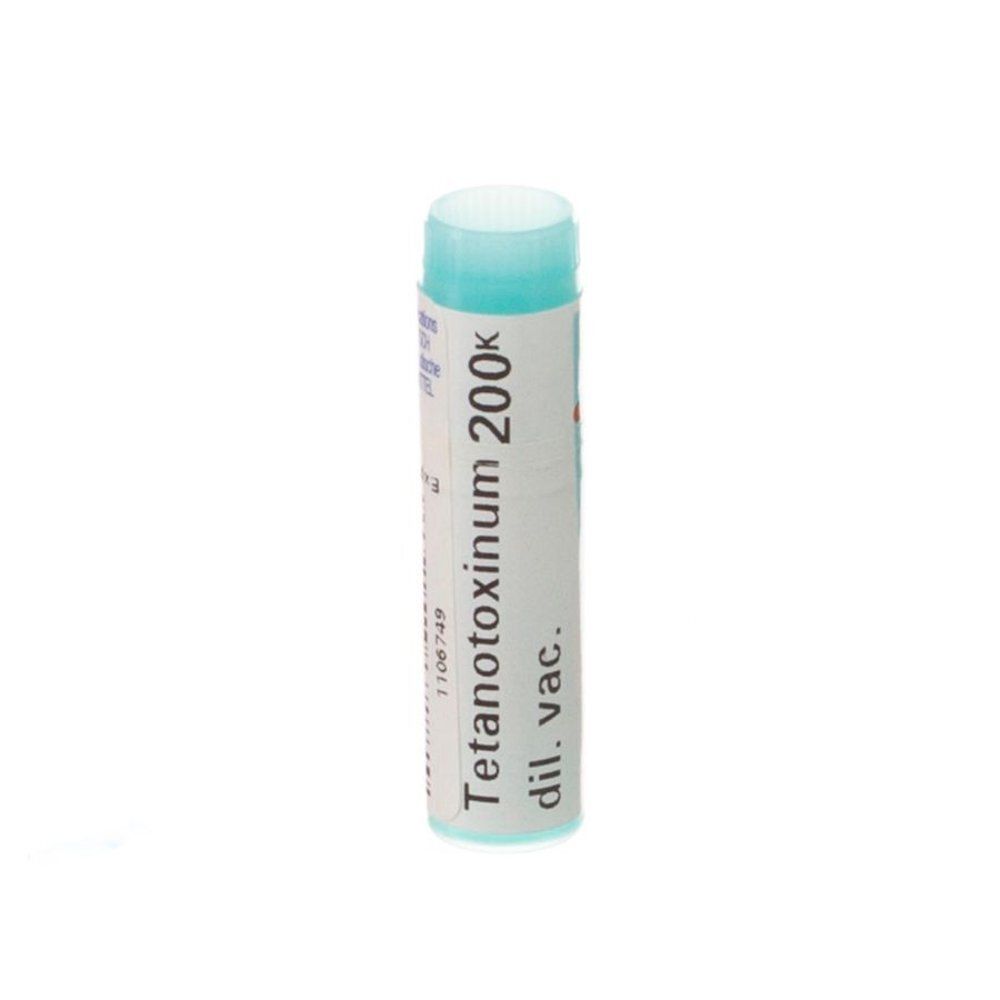 Flacon cylindrique bleu clair. Inscription: Tetanotoxinum 200k, dil. vac.
