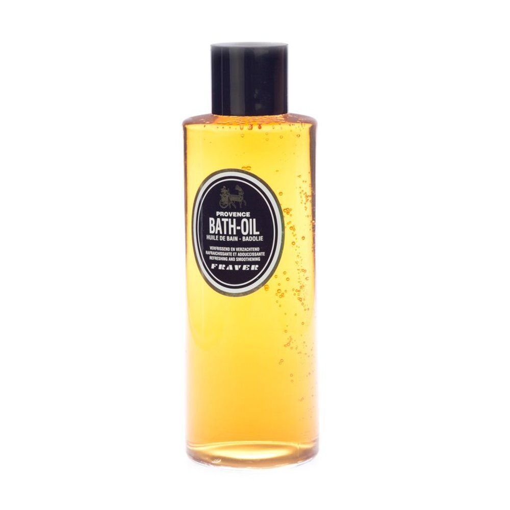 Cilindrische fles met gele olie. Zwarte dop. Etiket met tekst: Provence, Bath-Oil, Fraver.