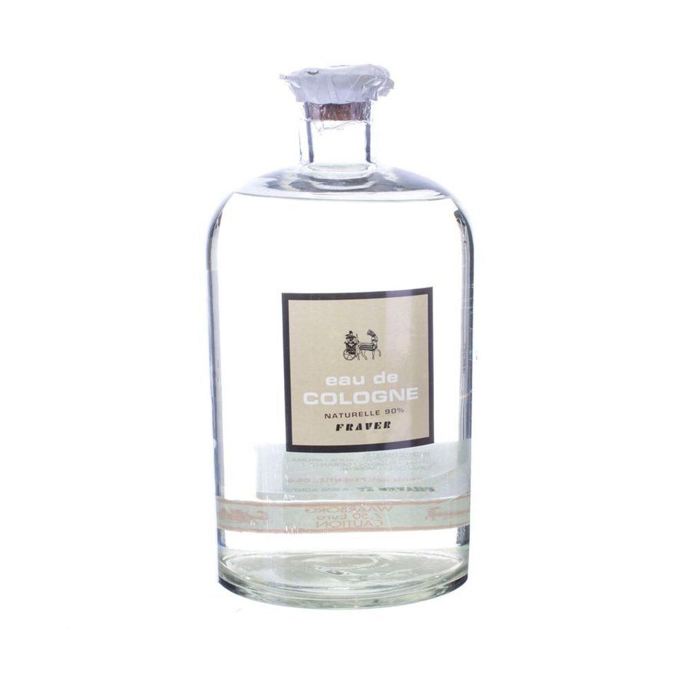 Glazen fles met kurk en papieren sluiting. Etiket met "Eau de Cologne" en "Fraver".