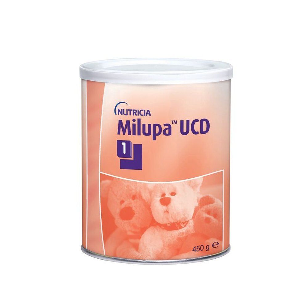 Ronde bus met witte deksel. Opschrift: Milupa UCD 1. Afbeelding van teddyberen. Gewicht: 450 g.