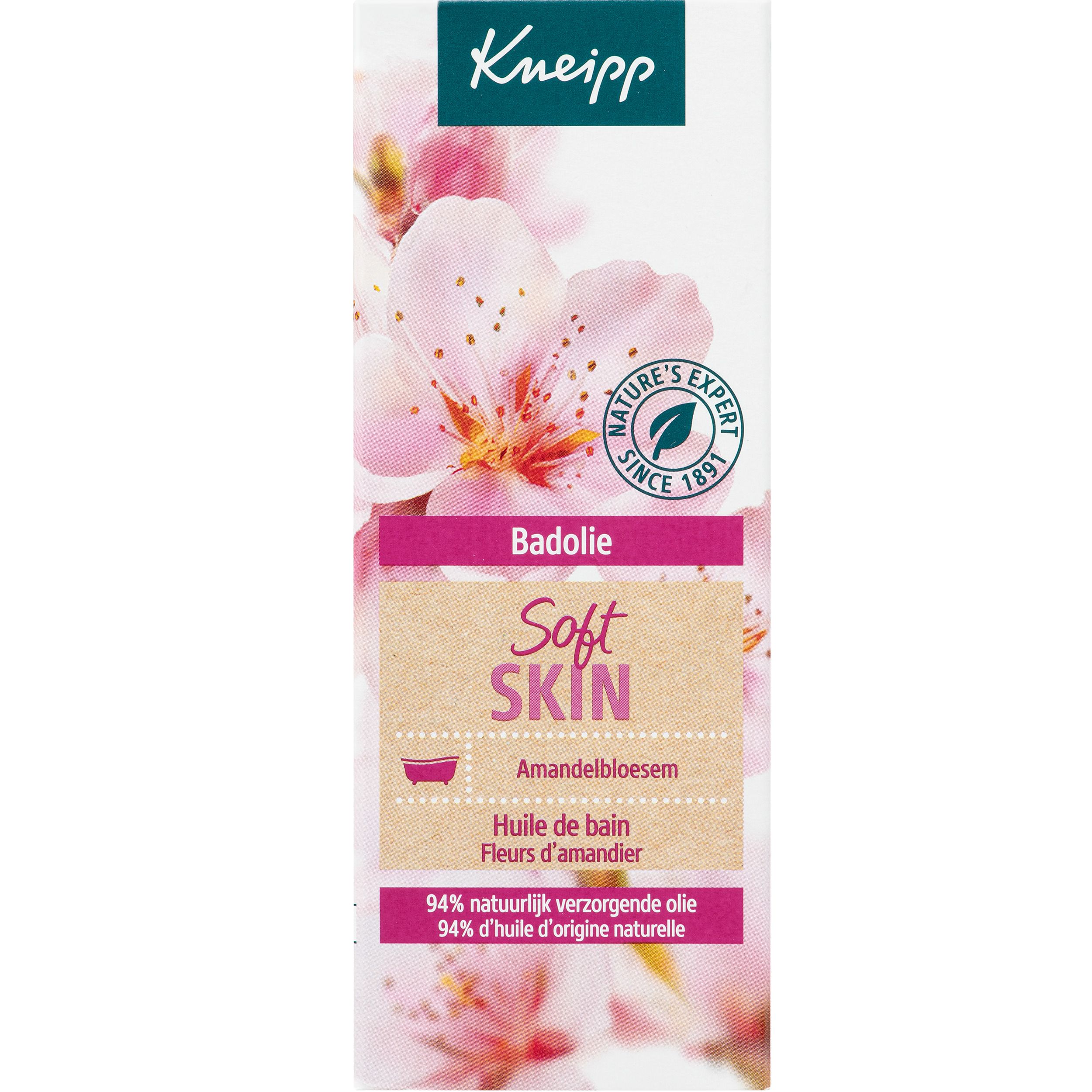 Flesje Kneipp badolie. Opschrift: Soft Skin, Badolie, Amandelbloesem.