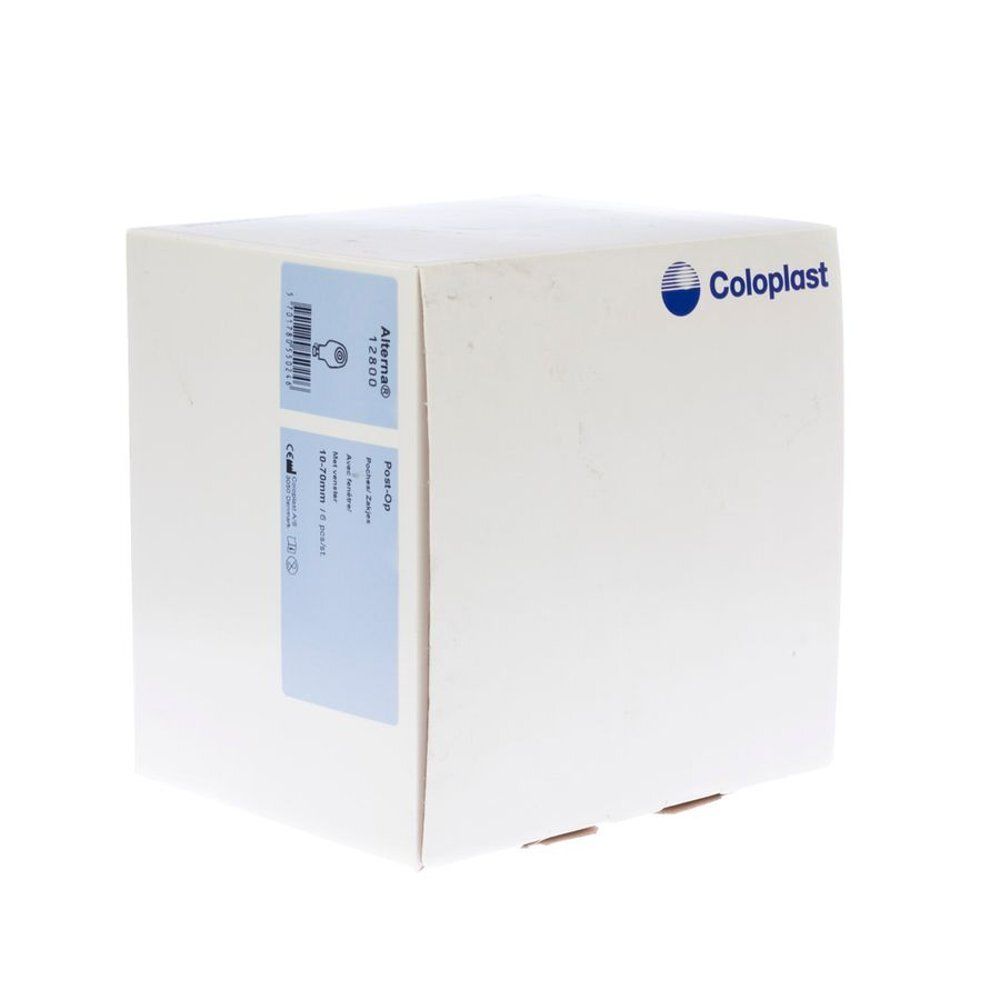 Witte doos met blauwe sticker. Het Coloplast-logo is zichtbaar op de doos. Productinformatie is zichtbaar op de sticker.