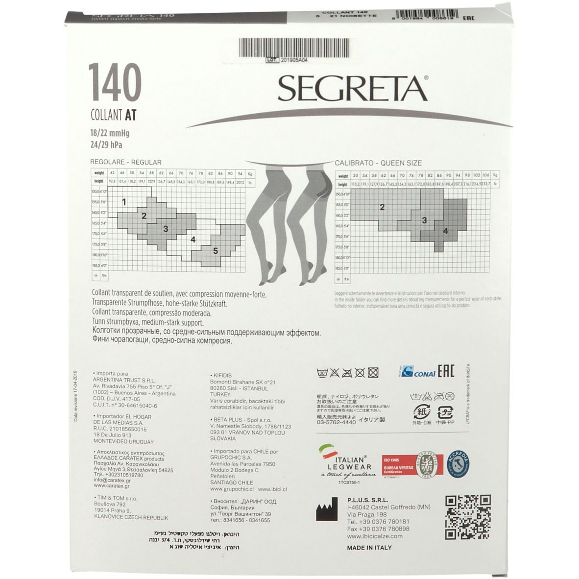 Achterkant van de verpakking. Opschrift: Segreta, 140 Collant AT. Maattabellen. Diverse logo's en teksten.