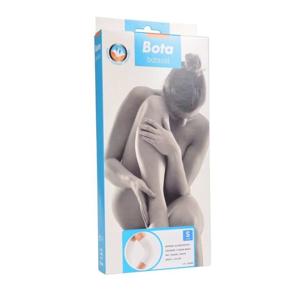 Verpakking Botasol Coudière Blanc Small. Vrouw zit, elleboogbrace zichtbaar. Logo en productnaam.
