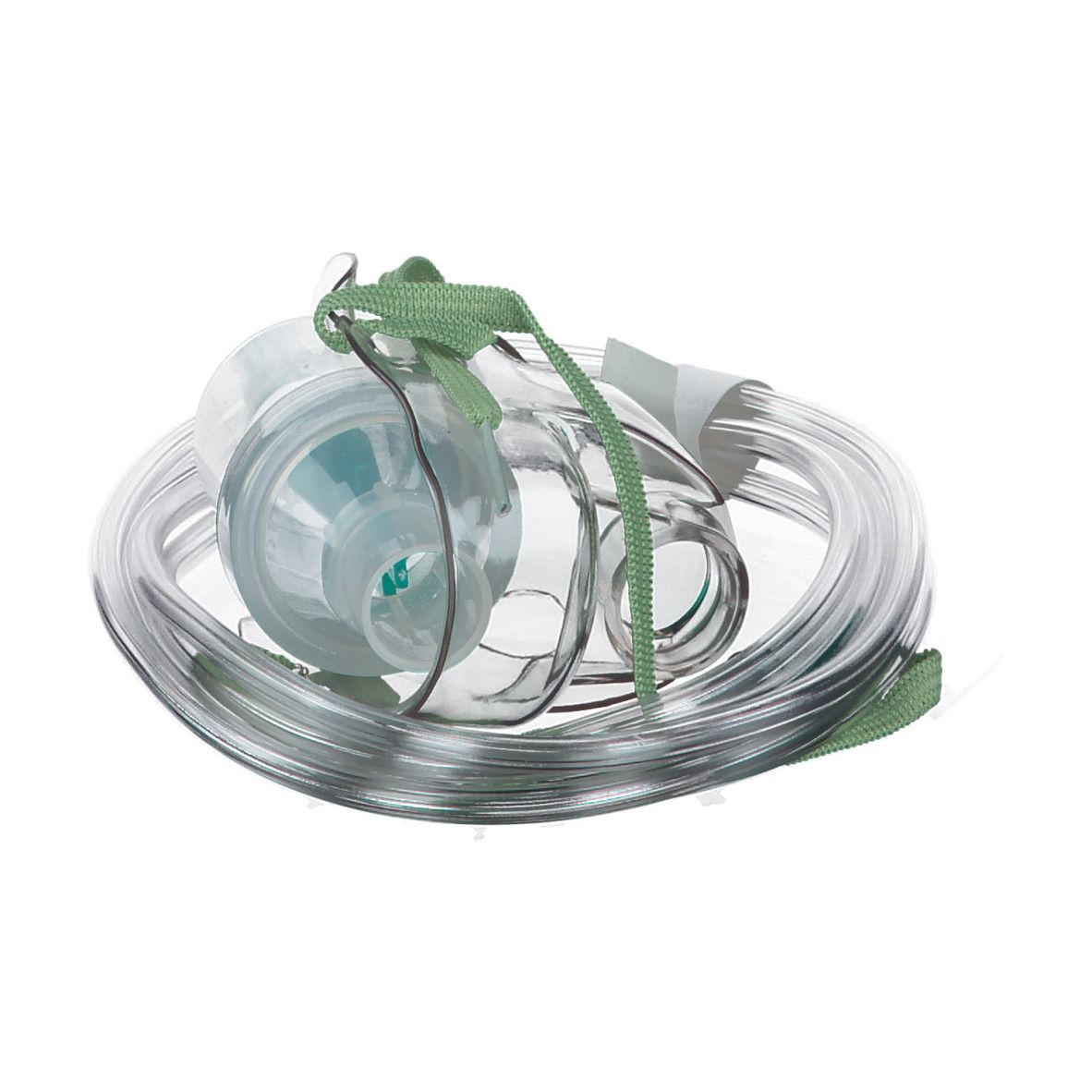 Masque d'aérosol pour enfants, transparent, avec sangle verte et tube.