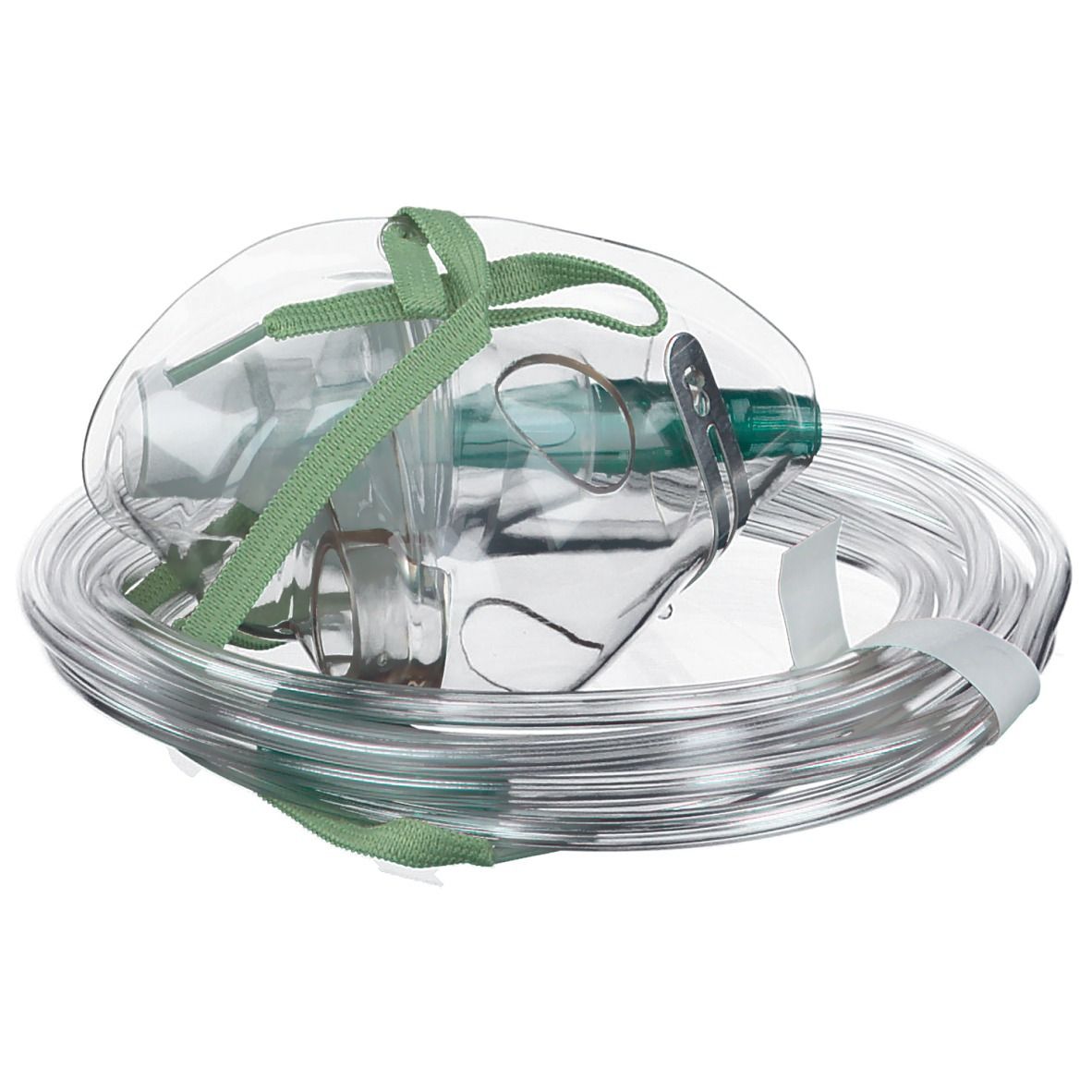 Masque d'aérosol pour enfants, transparent, avec sangle verte et tube.