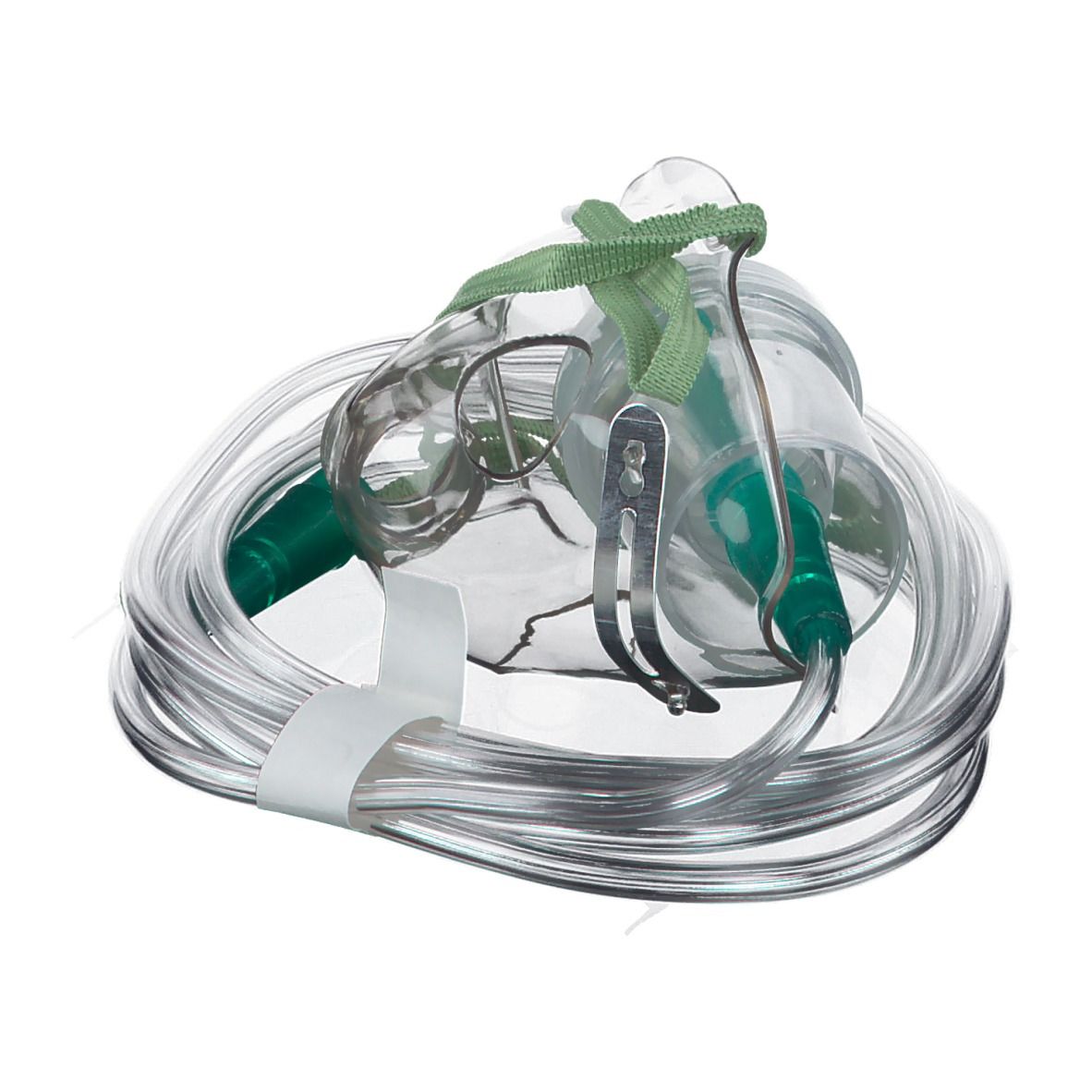 Masque d'aérosol pour enfants, transparent, avec sangle verte et tube.