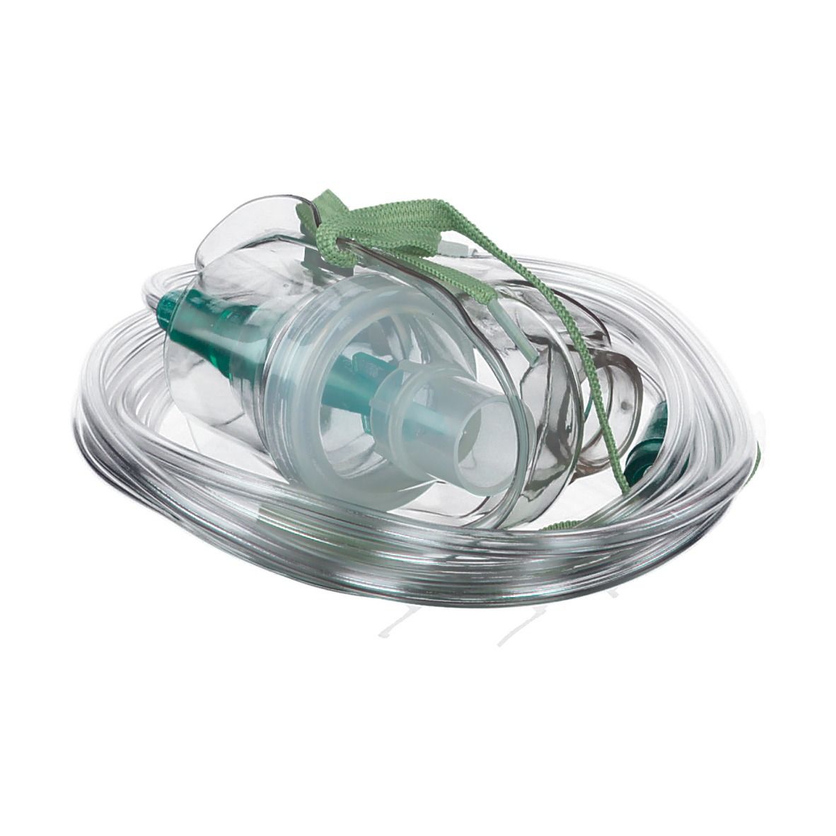 Masque d'aérosol pour enfants, transparent, avec sangle verte et tube.