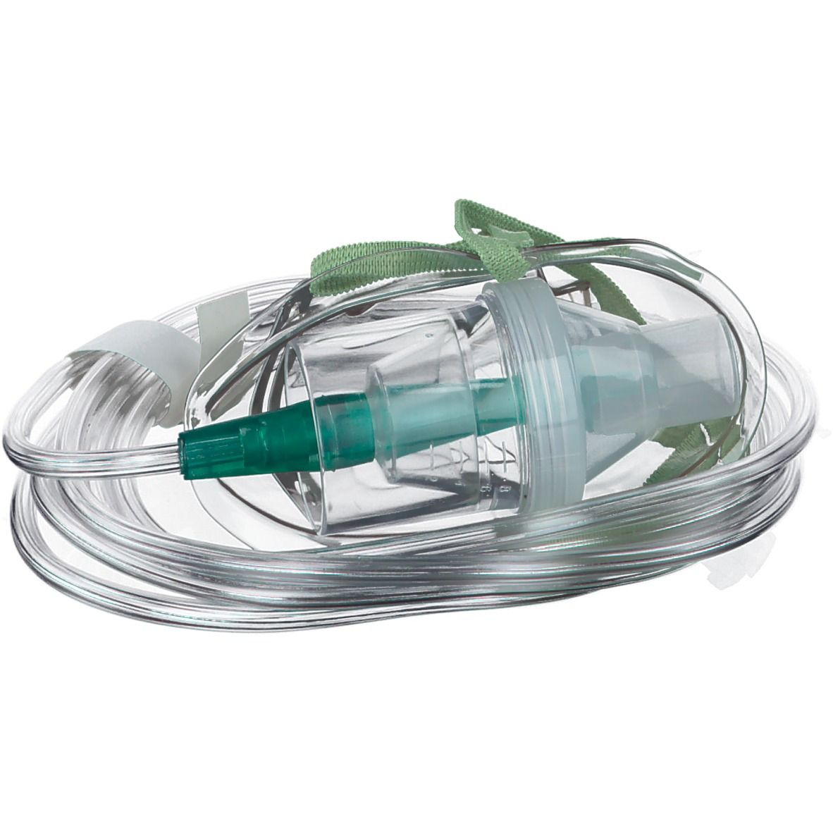Masque d'aérosol pour enfants, transparent, avec sangle verte et tube.
