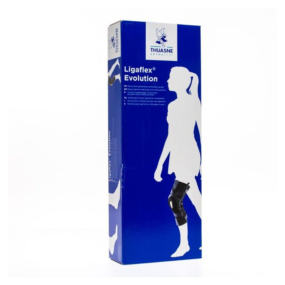 Productverpakking, merk Thuasne, model Ligaflex Evolution. Blauwe verpakking met silhouet van een vrouw.