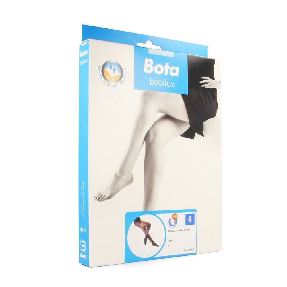 Verpakking van Botalux 140 Panty Support Nero N6. Merk en productnaam duidelijk zichtbaar. Afbeelding van een vrouw met panty.