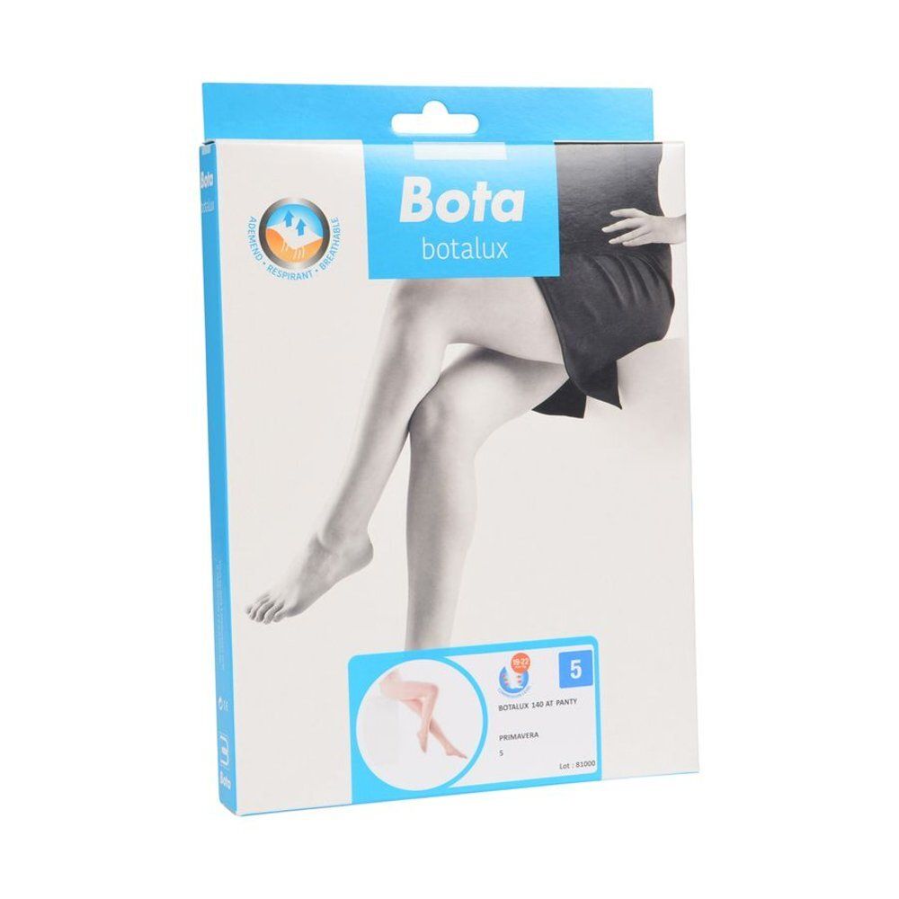 Emballage de collants Bota Botalux 140. Inscription : 5, Primavera. Illustration de jambes.