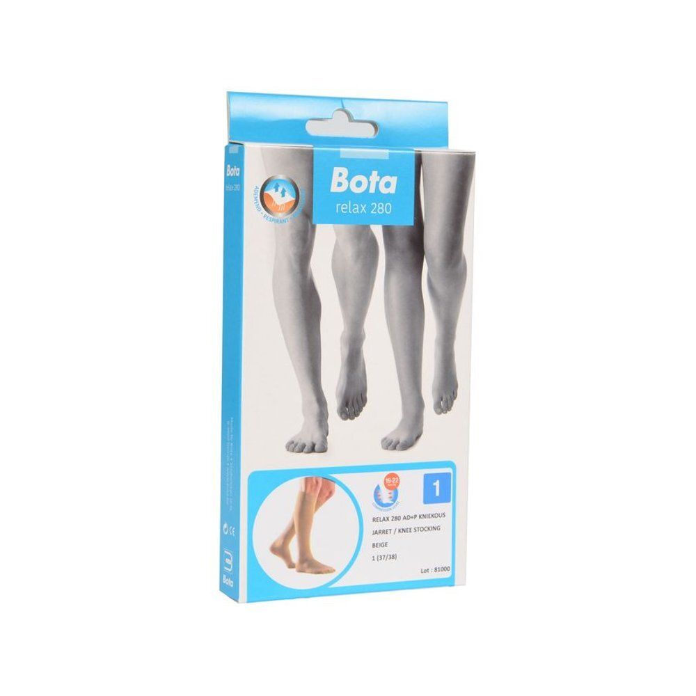 Emballage Bota relax 280. Bas genou Beige. Vue de face. Illustration de jambes et pieds.