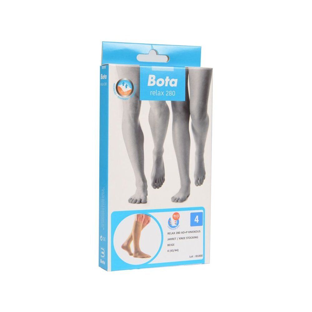 Emballage de bas Bota Relax 280. Des jambes portant des bas sont représentées sur le devant. Beige, taille 4.