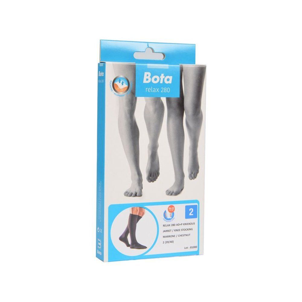 Boîte Bota relax 280 AD+P. Bas genou. Image de jambes et de bas. Informations produit et tailles.