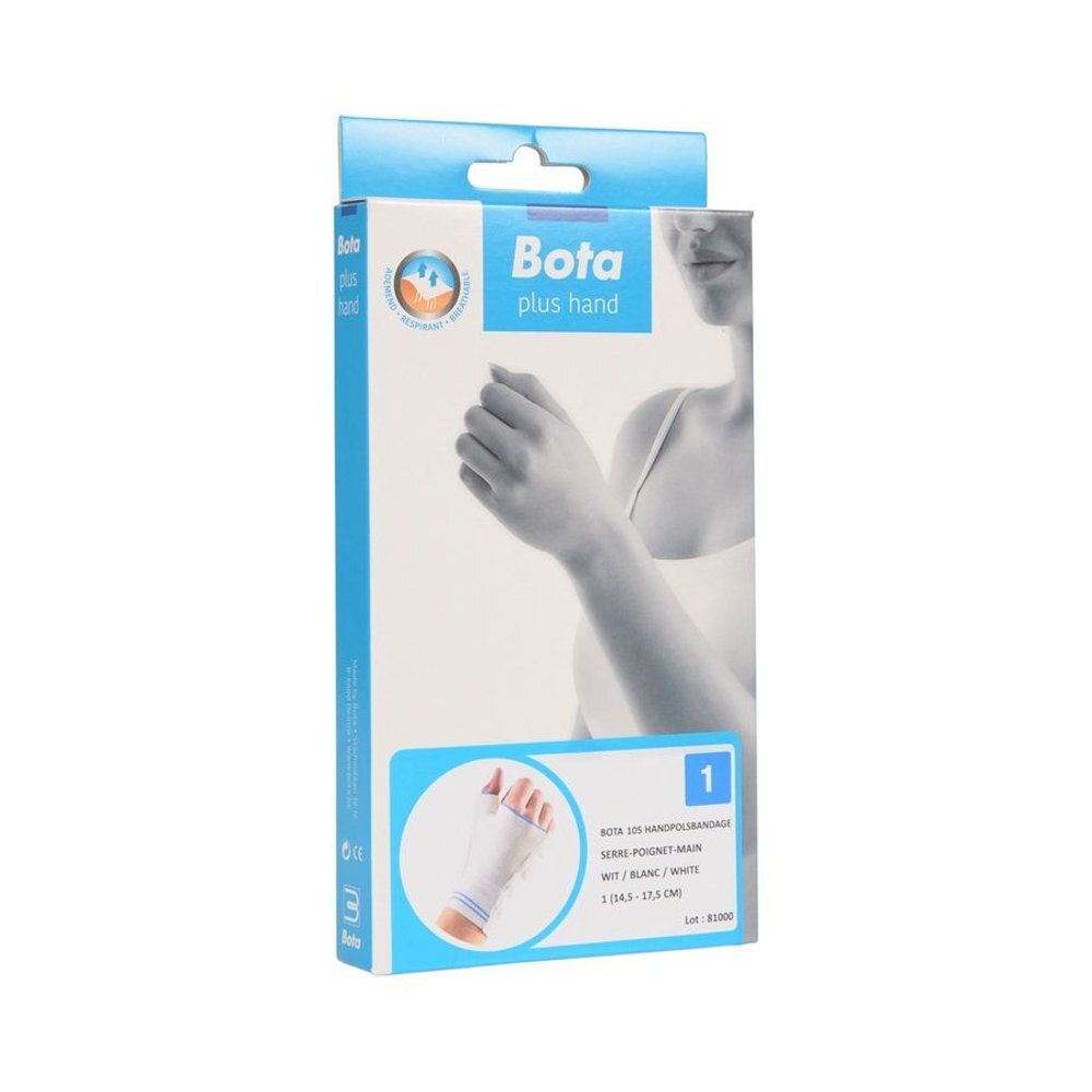Verpakking met Bota plus hand. Afbeelding van een hand met witte polsbandage. Tekst: Bota 105 polsbandage, wit.