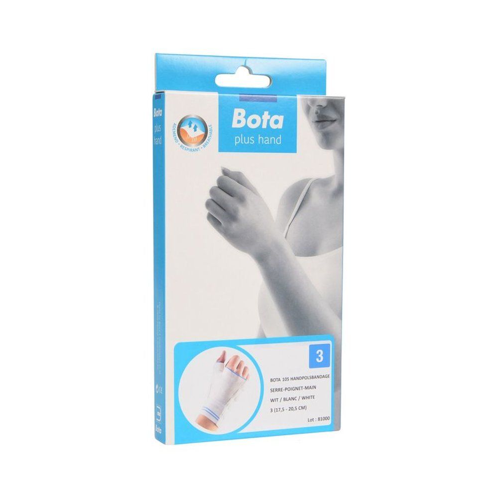 Verpakking Bota plus hand. Witte polsband met duimopening, maat 3. Illustratie van een hand.