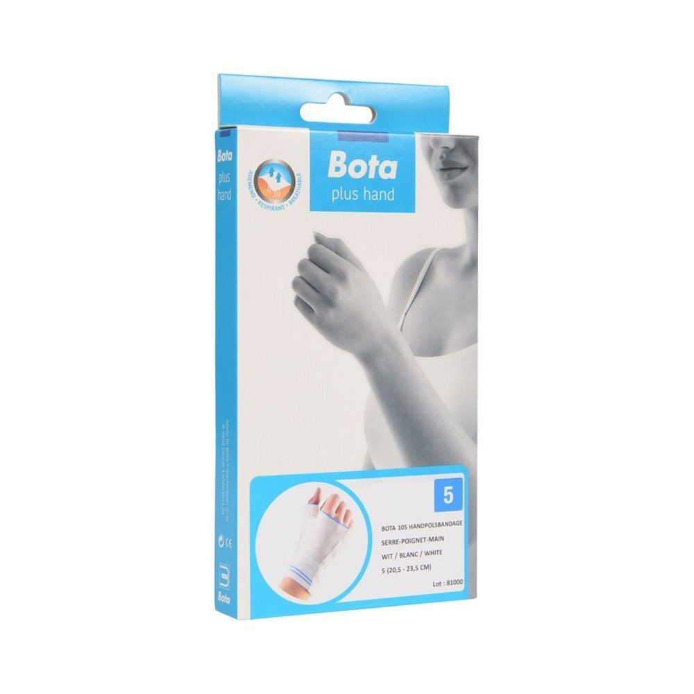 Emballage de Bota Handpolsband + Duim. Blanc, texte bleu. Montre une main et des informations sur le produit.