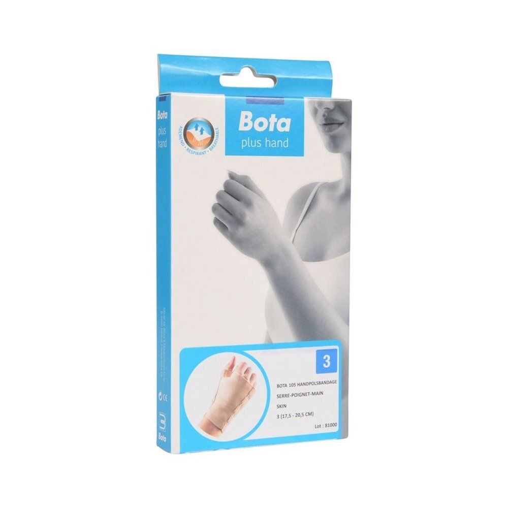 Emballage Bota plus hand. Boîte bleue avec image du produit. Taille 3. Texte: Attelle de poignet.