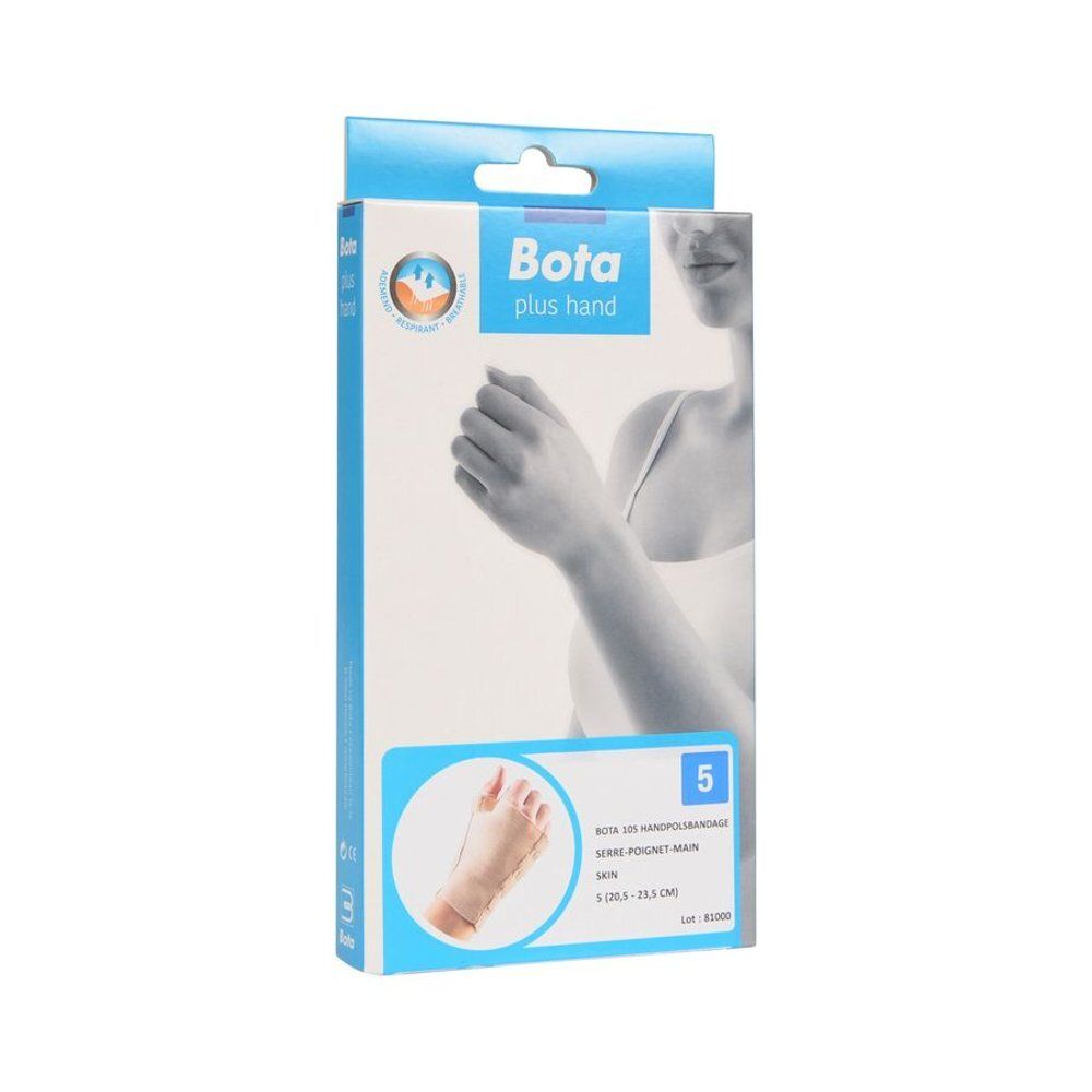 Emballage de Bota Handpolsband + Duim 105 Skin Maat 5. Boîte bleu clair avec image du produit et nom.
