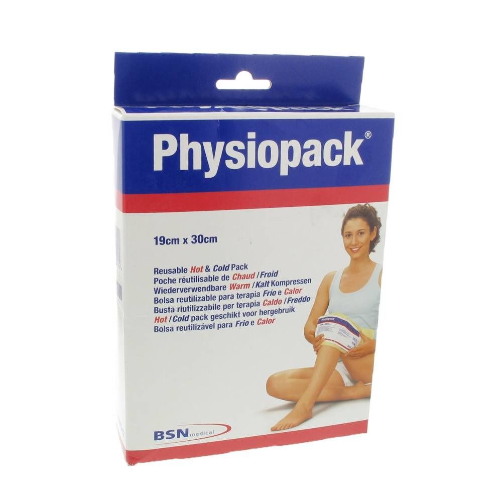 Verpakking Physiopack 19 x 30 cm. Herbruikbaar voor warmte en koude. Afbeelding van vrouw die product op been gebruikt.