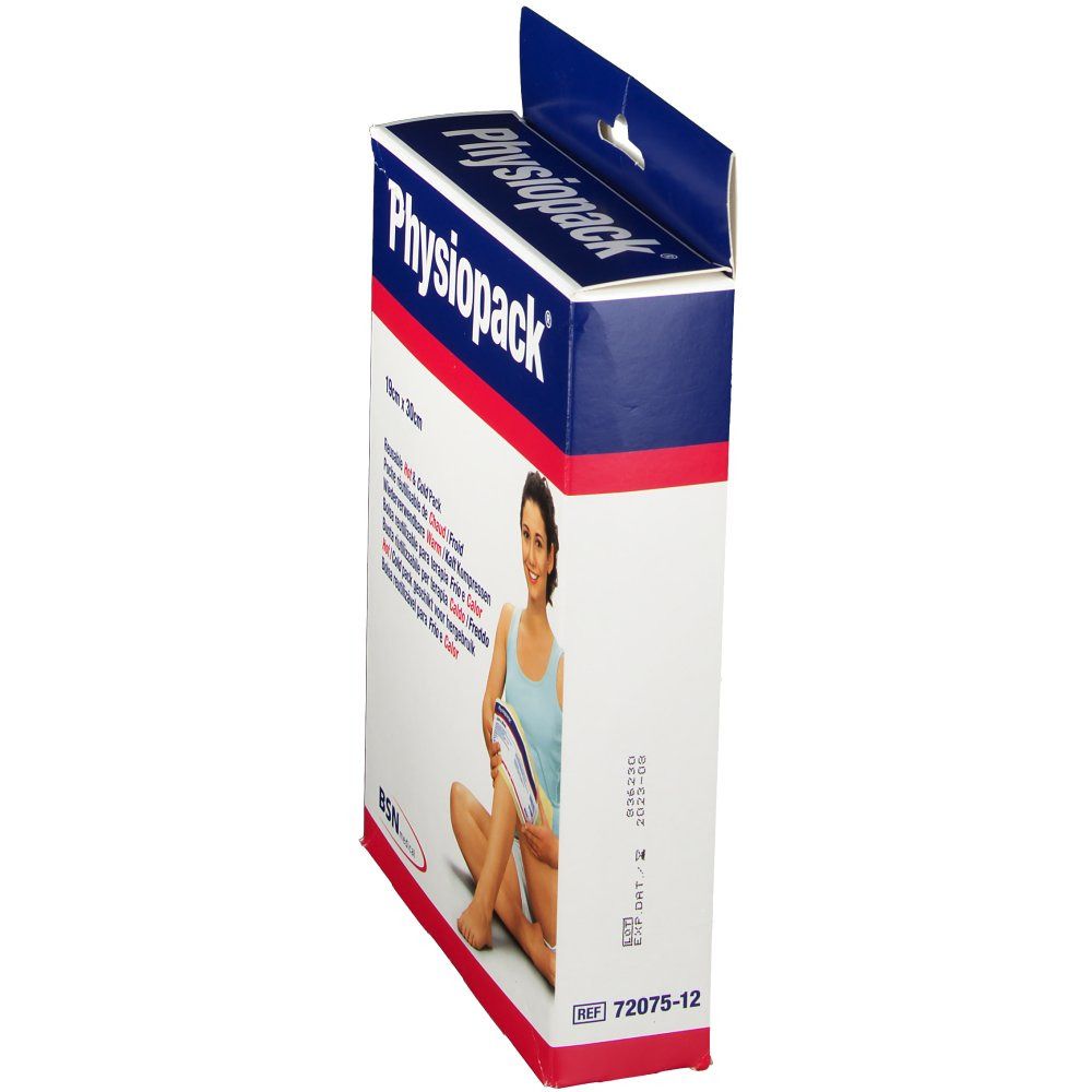Zijaanzicht van de verpakking. Opschrift: Physiopack. Meertalige tekst. Referentie 72075-12. Illustratie van een vrouw.